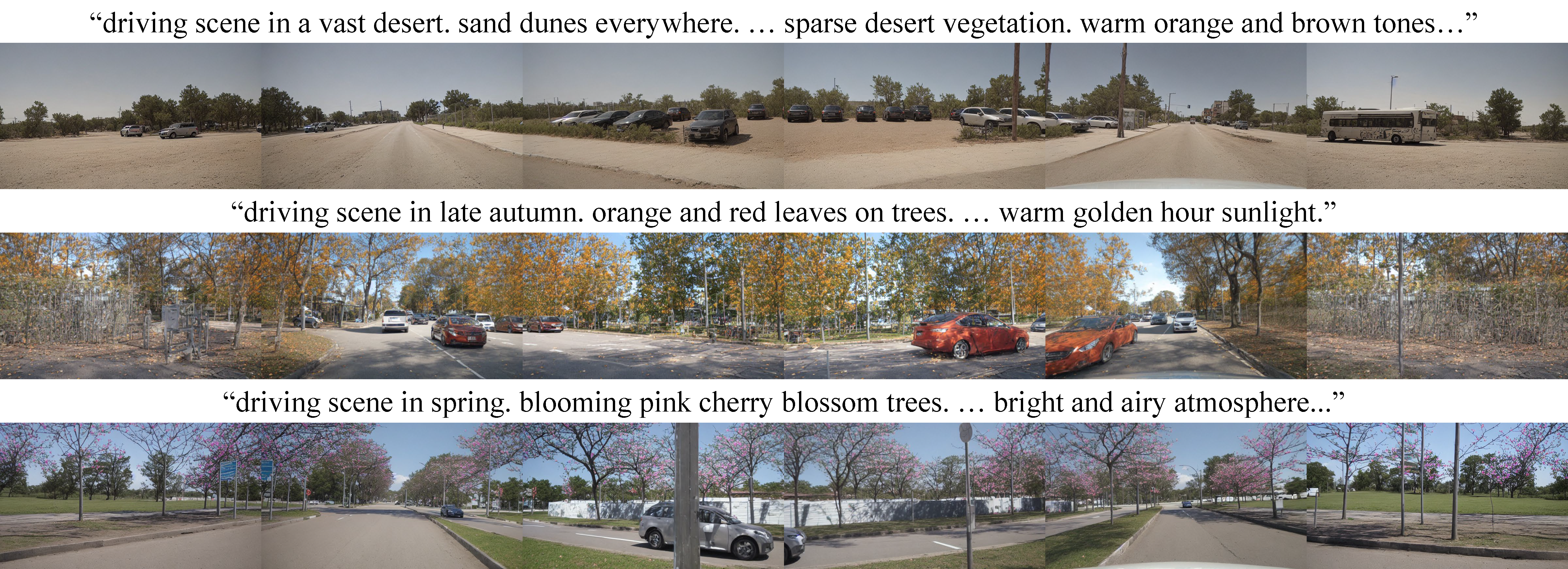 Scenes generated from text prompts: desert, late autumn, and spring cherry blossoms